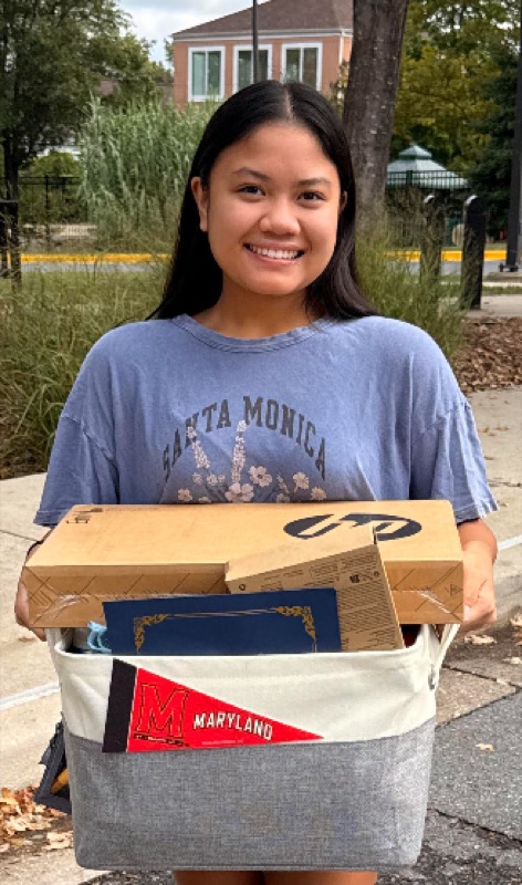 Emily Santos with her University of Maryland welcome basket