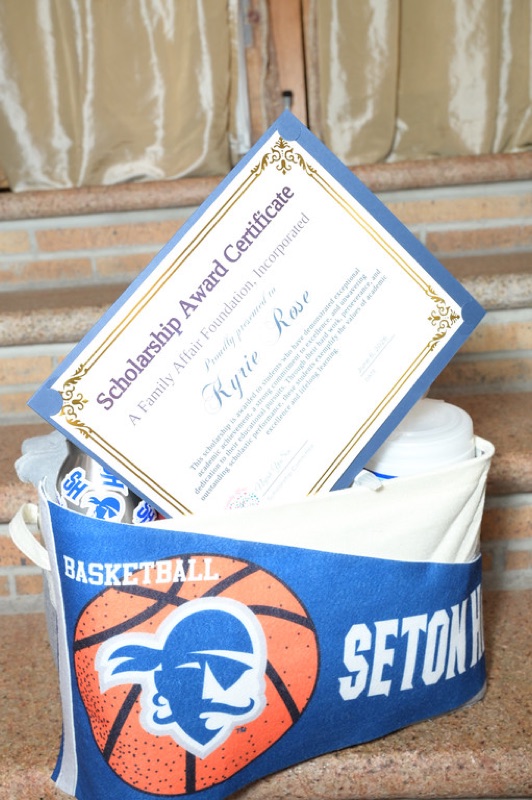 Kyrie Rose’s scholarship certificate and Seton Hall welcome basket